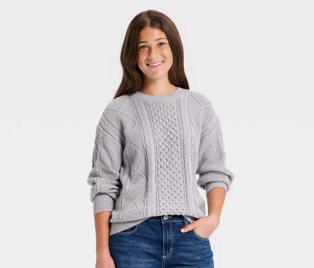Girls' Heather Gray Cable Knit Crewneck Sweater